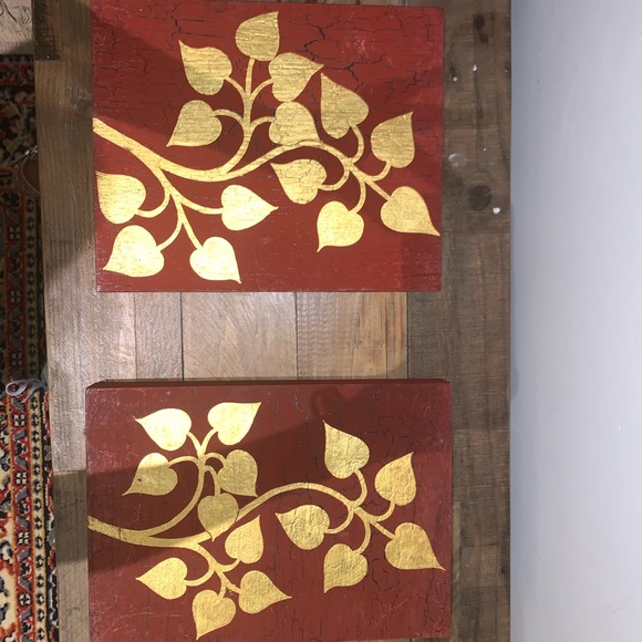 Hand painted artwork 2 pieces gold leaf - Picture 2 of 5
